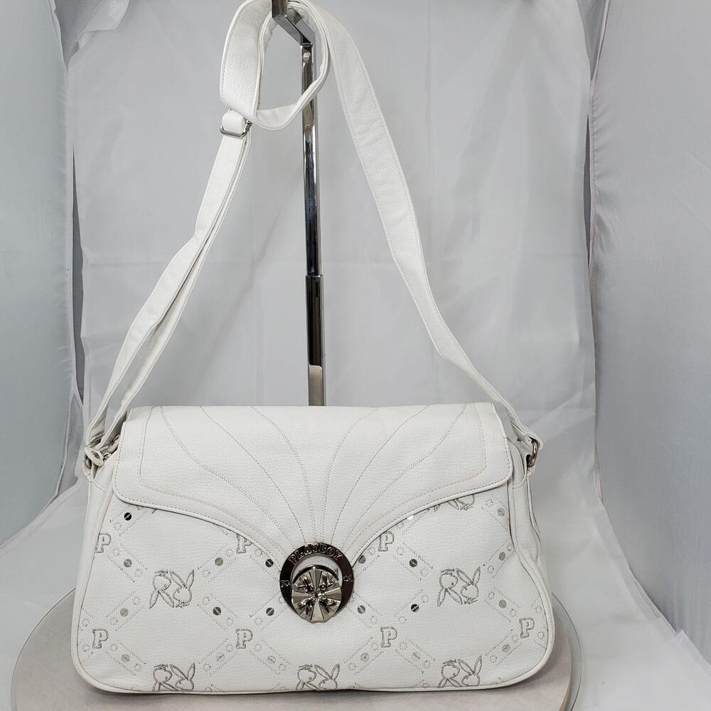 Rare Vintage Y2K Playboy Bunny Turnlock Sequin White PVC Messenger/Crossbody Bag